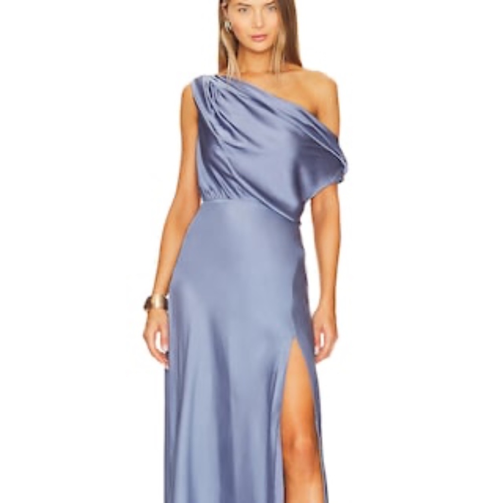 Astr One-Shoulder Satin Maxi Dress in Dusty Blue